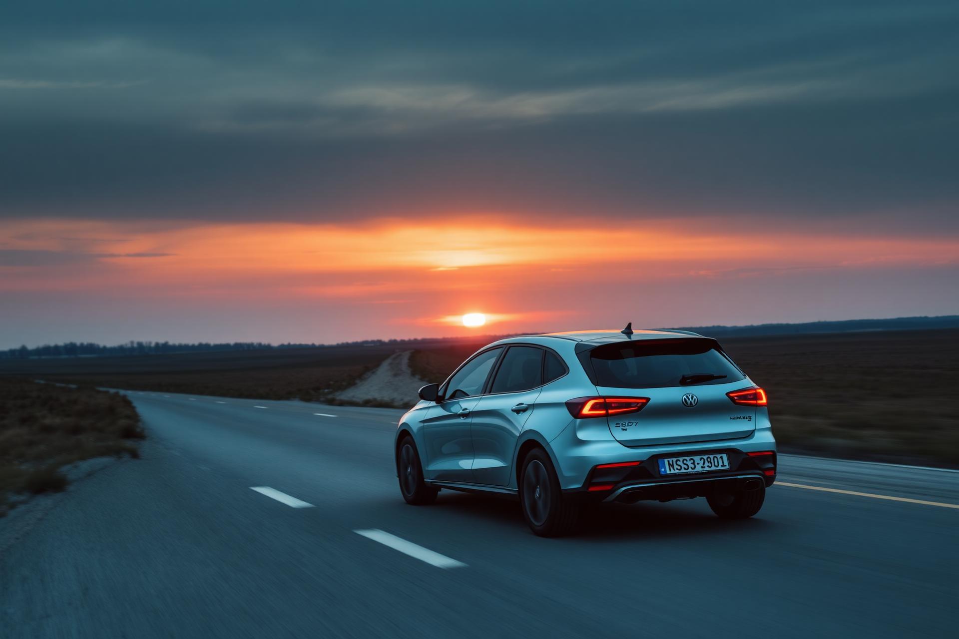 Auto na silnici při západu slunce